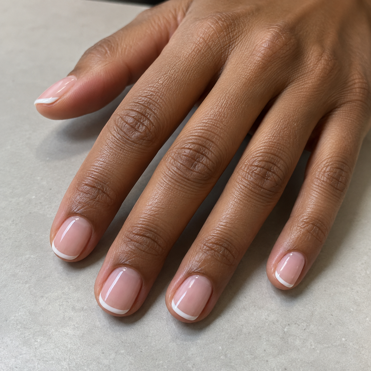 A short natural-nail micro-French manicure used as an illustrative saved look